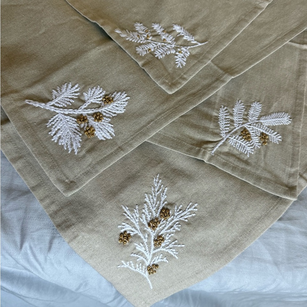 Arhaus Embroidered Linen Tablecloth with Christmas Design